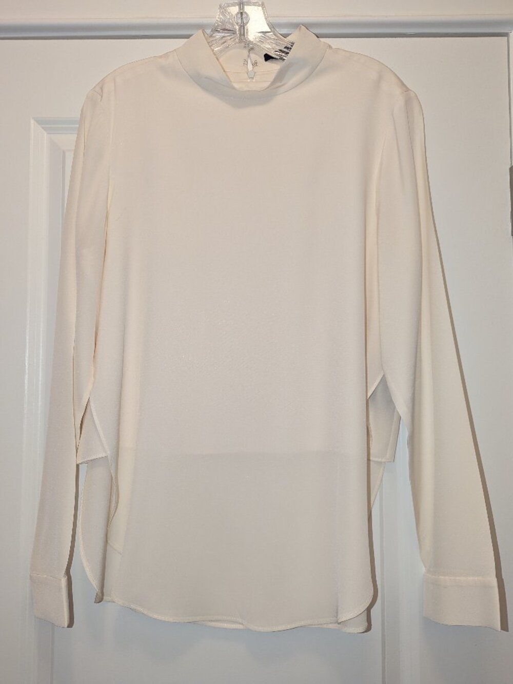 Tibi New York Cream Silk Mock Neck Blouse Size 10 Side Slit Long Sleeve